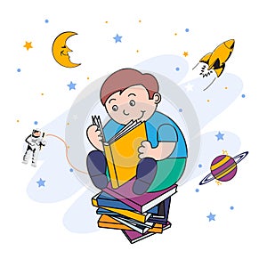 Vector illustration of a little boy reading a book and dreaming of flying in space